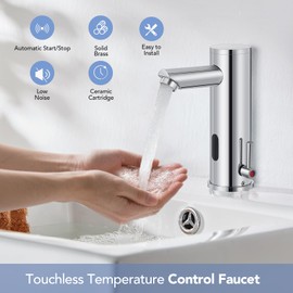 Automatic Touchless Bathroom Sink Faucet Sensor Motion Activated Commercial Hands Free Single Tap Temperature Control Adjustable Handle Auto Basin Brass Faucets for Home Vanity Chrome Polished Finish