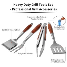 FJNATINH Heavy-Duty Grilling Accessories Rose Wooden BBQ Grilling Tools Set,Outdoor Grill Set with Spatula, Fork, Brush & Tongs,Essential Accessories for Barbecue & Grill. Ideal Gift for Men