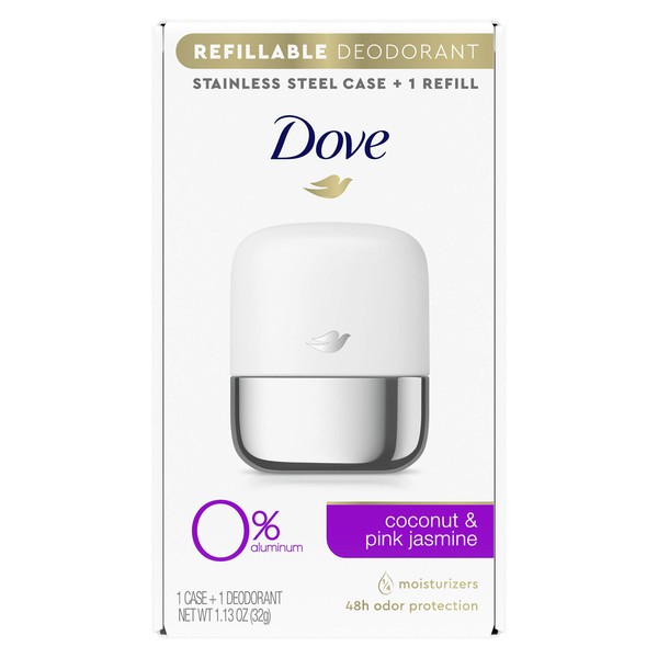 Dove Refillable Deodorant Starter Kit 0% Aluminum Coconut & Pink Jasmine Aluminum Free Deodorant 1.13 oz