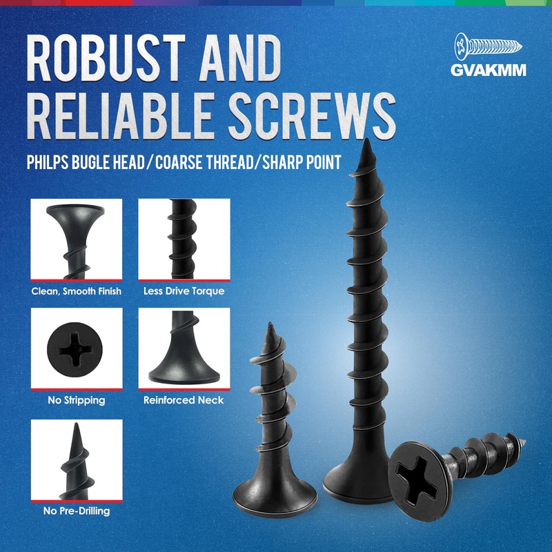 GVAKMM Drywall Screws Assortment Kit,#7 Black Wood Screws Set,160pcs，5 Sizes(3'',2'',1-3/8'',1'',5/8''),Coarse