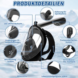 Schnorchelmaske für Erwachsene & Kinder, Schnorchelset für Erwachsene mit Kameraständer, Vollgesichts-Tauchmaske, CO₂-sichere, 180-Grad-Panoramablick mit Antibeschlag (S/M)