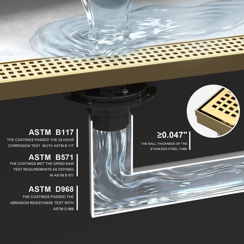 Linear Shower Drain - 18 Inch Brushed Gold, with Grate