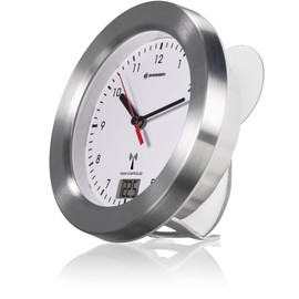 Bresser MyTime Bath 8020114 Bathroom Wall Clock with Temperature Display and Radio-Controlled Clock with Brushed Aluminium Frame, Suction Cups and Stand for Table Mounting, White, White
