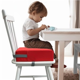 Eiury Toddler Booster Seat for Dining Table, 2 Elastic Seat Belts, Anti Scratch PU Skin-Friendly, Waterproof, Anti-Wrinkle, Detachable Non-Slip Bottom - Red