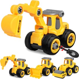 Bonbell Juguetes de Construccion, 4Pzs Take Apart Camiones De Construcción, Carritos Juguete con Excavadora, Topadora, Martinete y Apisonadora, DIY Carros Juguete, Regalo Navidad para 3-8 Años