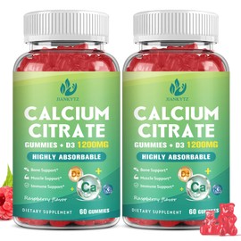 (2 Pack) 1200mg Calcium Citrate with Vitamin D3 Gummies, Ultimate Absorption, Chewable Calcium Citrate with Vitamin D3 K2 C, Magnesium, Zinc for Bone, Muscle, Immune Support- Raspberry, 120 Gummies