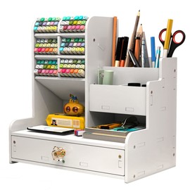 Vikmyer Wooden Pencil Holder, Desk Organiser, Multifunctional Desktop Stationery, Pen Holder Box for Home, Office, School Supplies, Storage Shelf with Drawer, White-pb17