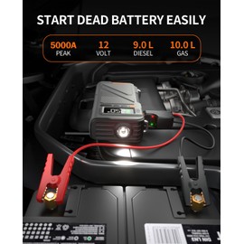 5000A Car Jumper Starter, Portable Car Battery Jump Starter with Air Compressor(10L Gas/9L Diese) Combo 150PSI Tire Inflator, 12V Vehicle Jump Box Power Booster Pack with Extended Jumper Cable
