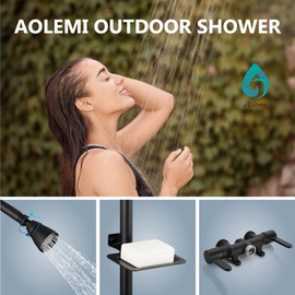 Aolemi Outdoor Shower Fixtures,Outdoor Shower Kit Faucet System 3 Inch Center with Showerhead 2 Handle Exposed Shower with Brass Mix Valve Pipe Downward with Soap Dish Matte Black