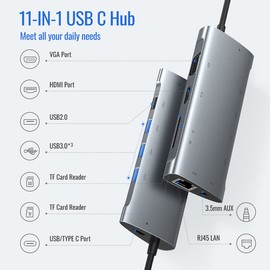 GIISSMO USB C Hub, Docking Station 11 in 1 with 4K-HDMI, VGA, USB-C 100W PD, 4 USB-A, RJ45 Gigabit Ethernet, SD/TF Card Reader, 3.5mm Audio Jack, Multiport Adapter for MacBook and other Type C devices