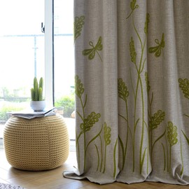 Melodieux Wheat Embroidery Linen Wide Curtains for Living Room Patio Door Large Window Grommet Drape Farmhouse Style, Beige/Green, 100 by 84 Inch (1 Panel)