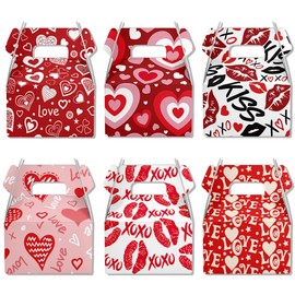 6Pcs 4.5x4.5x1.6 Inch Valentines Day Treat Boxes 6 Style Designs Cookie Gable Boxes with Handle Heart Prints Cardboard Box Sweet Party Favor Boxes for Wedding Supplies
