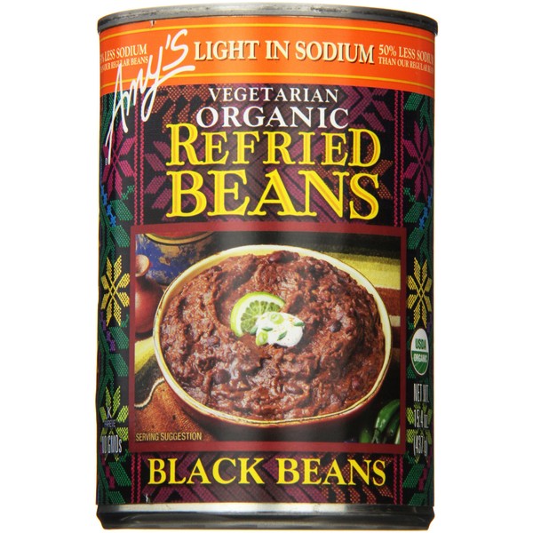 Amy's Organic Refried Black Beans Canned, Light in Sodium, Vegan, Gluten Free and Vegetarian, 15.4 Oz (6 Pack)