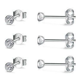 CERSLIMO Silver Stud Earrings for Women Men Girls, 3 Pairs Sterling Silver Tiny Round Stud Earrings Small Dainty Cartilage Tragus Cubic Zirconia Earrings Set (3mm, Silver)