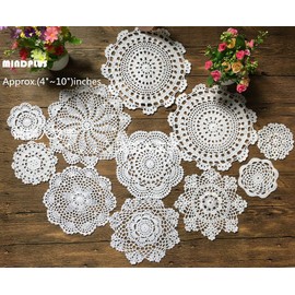 MINDPLUS Set of 11 Hand Crocheted Doilies Cotton Crochet Lace Doilies Coasters Placemat 10-25 cm Round White Vintage Wedding Tea Party