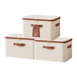 Tuza 3 Pcs Rigid Storage Bins with Zipper Lid, Cotton Linen Fabric Storage Boxes, Foldable Shelves Clothes Storage Cubes with Handles for Wardrobe, Closet(Beige, 25L)