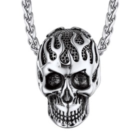 Stainless Steel Flame Skull Pendant Necklace for Men Women Gothic Skeleton Charm with Wheat Chain Rapper Biker Jewelry