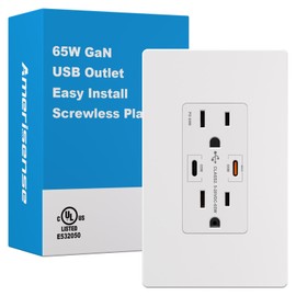 Amerisense GaN 65W 6Amp 2-Port USB Wall Outlet, 15 Amp Tamper-Resistant Receptacle with 2 USB Type C Port, USB Charger with Wall Plated Included for USB-C Phone/Tablet/Laptop, UL Listed