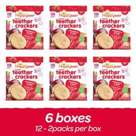 Happy Baby Organics Baby Snacks, Gentle Teething Crackers, Gluten Free & Vegan, Strawberry & Beet, 12 Count (Pack of 6)
