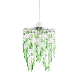 Happy Homewares Modern Waterfall Design Easy Fit Pendant Shade with Clear/Emerald Green Acrylic Droplets and Beads - Chrome Metal Ring - 16cm Diameter by Happy Homewares