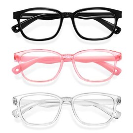 Blue Light Glasses for Kids 3 Pack Anti Glare & Eye Strain Glasses Computer TV Phone Tablets UV Protection Glasses for Kids Boys Girls Age 3-12(Black + Transparent + Transparent Pink)