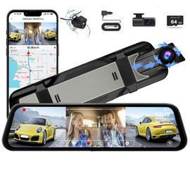 3 Channel Mirror Dash Camera for Cars, 10" Triple Rear View Mirror with Front 3K, Inside and Rear 1080P with WiFi, G-Sensor, Night Vision, Reverse Assist, Parking Monitoring