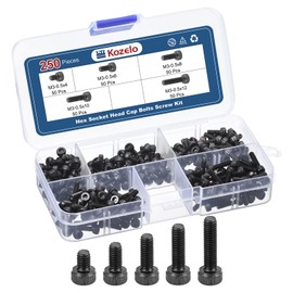 Kozelo 250pcs M3 Socket Head Cap Screw Bolt Nut Assortment Kit - [M3x4/6/8/10/12mm] Alloy Steel with Full Threaded Black Oxide 12.9 Internal Hex Screws for 3D Printer