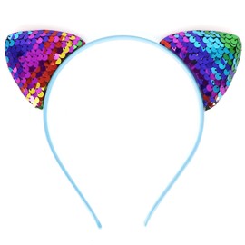 Colorful Reversible Sequin Cat Ears Headband Glitter Sequin Cat Hairbands Shiny Kitty Headband Hair Metal Hoop Hair Accessories for Women Girls Women's Fashion Headbands