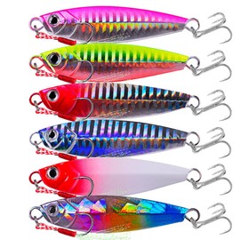 Jigging Lures Fishing, 30g Slow Jig Baits, Offshore Micro Jigs for Tuna King Sna Grouper Bass, Metal Jig with Treble Hook and Assist Hooks 6 Pieces