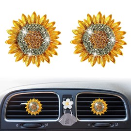 Bling Sunflower Air Vent Clips, 2 Pcs Golden Sunflower Car Air Fresheners Vent Clips Car Diffuser Diamond Car Decoration Car Interior Decor Cute Car Accessories for Women Girls + Mask Hook