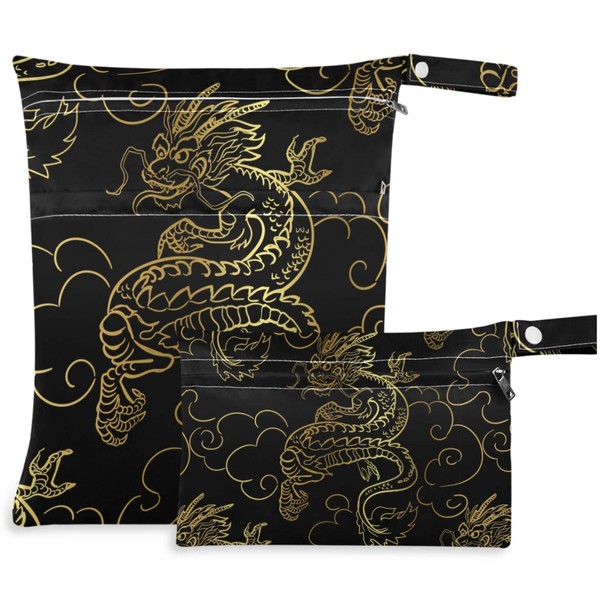 visesunny Gold Dragon 2Pcs Wet Bag with Zippered Pockets Washable Reusable Roomy for Travel,Beach,Pool,Daycare,Stroller,Diapers,Dirty Gym Clothes, Wet Swimsuits, Toiletries