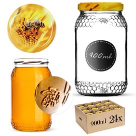 KADAX Honey Jars, 900 ml, Preserving Jars with Fi82 mm Screw Lid, Jars for Honey, Jam Jars, Screw Jars, Preserving Jars (Bee, Pack of 24)