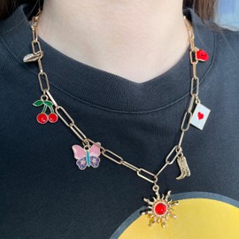 Gold Charm Necklace for Women Western Cowgirl Cherry Heart Fruit Choker Necklace for Women Pearl Shell Paperclip Butterfly Bow Beach Charm Necklace Trendy Jewelry for Women (A Style)