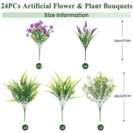 Alupssuc 24 Bundles Artificial Flowers for Outdoors Spring Summer Decoration, UV Resistant Eucalyptus Violet and Lavender Silk Fake Plants for Outside Indoor Yard Home Patio Porch Decor, Purple