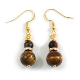 Natural Tiger Eye Stone Double Bead Drop Earrings with 925 Sterling Silver Closure - 40mm Total Length