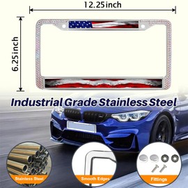 American Flag Power Glitter License Plate Frame Christ US Flag Inspirational License Plate Frame Rhinestone God Bless America Bling License Plate Frame for Valentine’s Day with Chrome Mounting Set