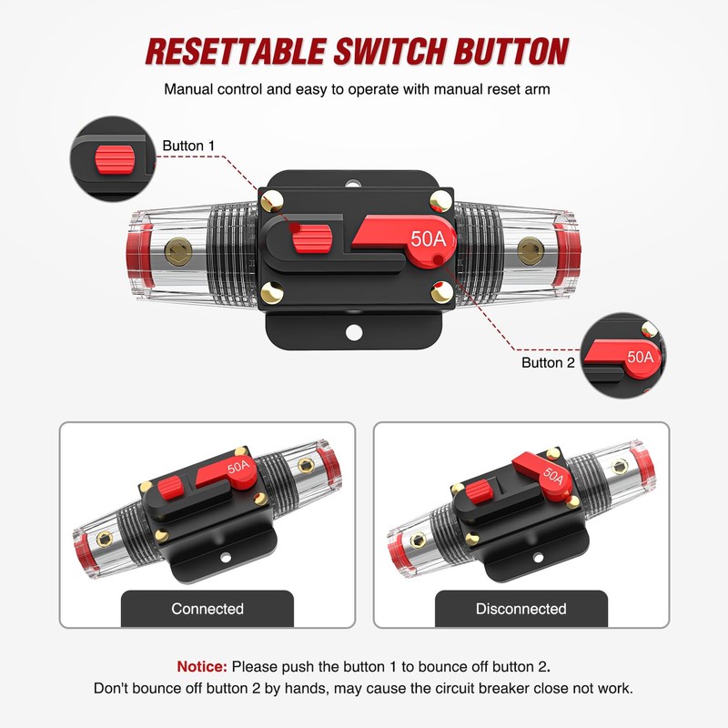 Nilight 50A Inline Circuit Breaker Resettable 12-24V DC Manual Reset