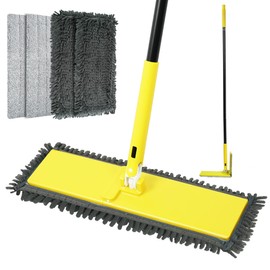 NEWE Dust Mop with Unique 90° Foldable Panel, 52 inches Long Handle Wet Dry Flat Floor Duster Broom with 2 Microfiber and 2 Chenille Pads for Hardwood, Stairs, Vinyl, Tile, Laminate (Yellow)