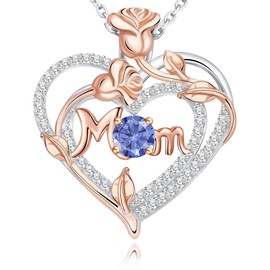 CREENCIA Heart Rose Birthstone Necklace Gifts for Mom, 925 Sterling Silver Necklaces for Women Jewelry Mothers Day Birthday Christmas Gifts for Women Mom Grandma Her Wife Girlfriend
