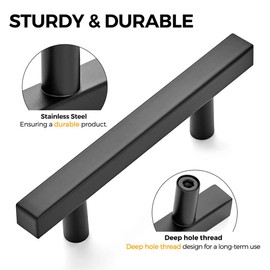 CONPHERON 2 Pcs Black Kitchen Cupboard Handles Stainless Steel T Bar Cabinet Handles Square Matte Black Drawer Handles Door Handles Furniture Pulls 224mm