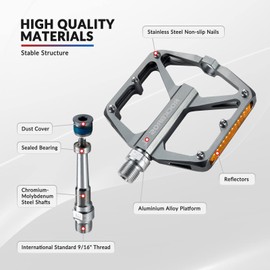 ROCKBROS Bicycle Pedals with Reflectors Platform Pedals Made of Aluminium Alloy Non-Slip Ultralight 9/16 Inch Bicycle Pedals for MTB, Road Bike, BMX, E-Bike, Silver