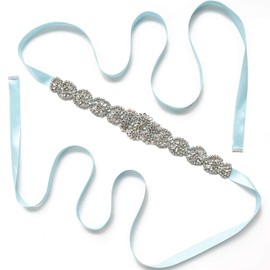 Silver Rhinestones Bridal Belt Crystal Pearls Ribbons Wedding Belt Sash For Bridal Bridesmaids Dresses,Tiffany Blue