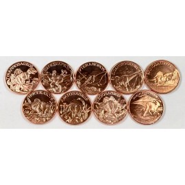 Copper Art Coins * Nine Piece Dinosaur Collector Set * Fine .999 Bullion Coins