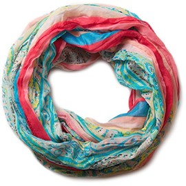 styleBREAKER loop tube scarf with stripes and paisley pattern 01018004, color:turquoise-red
