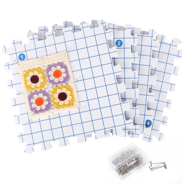 Coopay Clamping Mats with Grid, Blocking Mats, 4 Pack Mats for Tensioning with 100 Pieces, Sturdy T-Needles for Knitting, Crochet Tip, Thick Interlocking Blocking Mats, 28 cm, Granny Square Tensioning