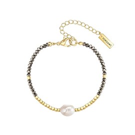 Yokoamii Damen Armband Metall-Legierung Gelbgold-Optik mit barock Süßwasser-Zuchtperle ca. 6,5-7,0 mm weiß Glas grau