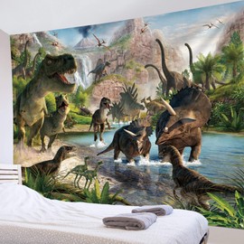 HVEST Jurassic Dinosaur Tapestry Wild Ancient Predator Animal Backdrop Tapestry Wall Hanging Green Trees and Mountain Nature Wall Decor for Bedroom Living Room Dorm Party Supplies,92.5Wx70.9H inches