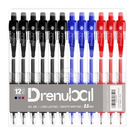 Drenubal PENS bulk pack of 12 ink pens, Retractable ballpoint pens Medium point 0.5 mm, 6 black pens & 3 Blue pens 3 red pens &combo pack, Red+Blue+Black