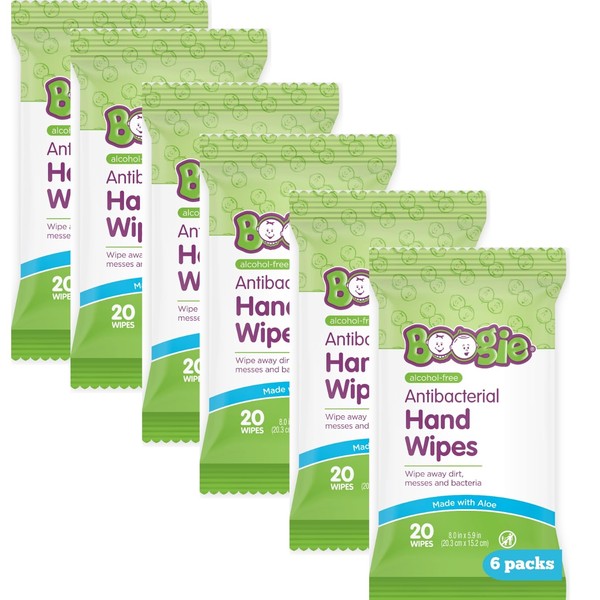 Hand Sanitizer Wipes by Boogie Wipes, Alcohol-Free, Hypoallergenic and Moisturizing Aloe, Boogie Hand Wipes for Adults and Kids, 6 Packs of 20 (120 Total Wipes)