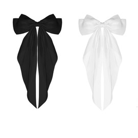 2 Pcs Big Bow Barrettes Long Tail French Ribbon Hair Pins Solid Color Soft Silky Satin Hair Clip Metal Bowknot Clips, Accessories for Party Valentine's Day Women Girl (White,Black)